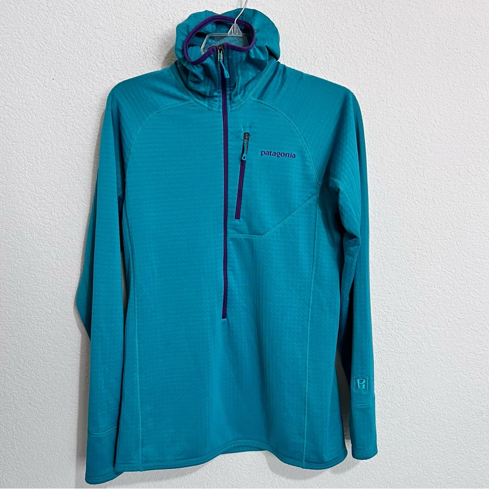 Patagonia M's R1® Hoody Grecian Blue Green Hooded Running Half Zip Pullover M